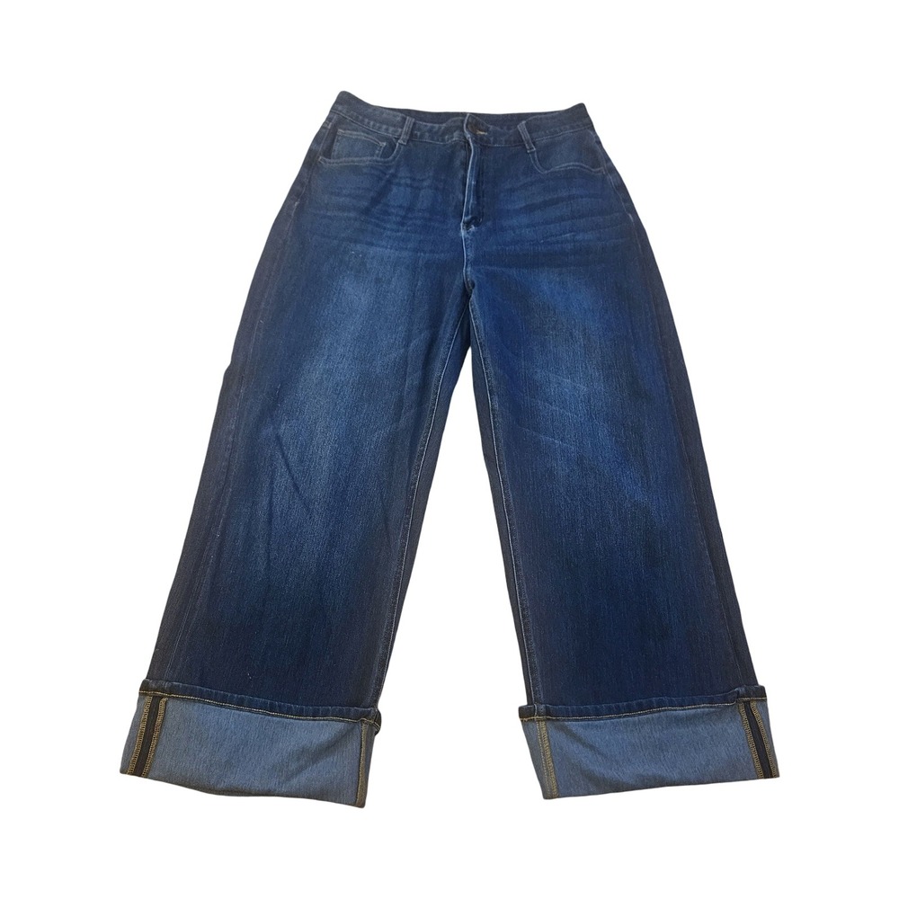 Halara Womens High Waisted Wide Leg Dark Wash Cuffed Denim Jeans Blue Size Large